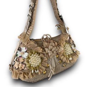 Elegant Floral Embellished Beige & Tan Handbag NWT